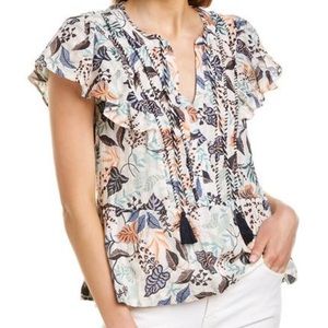 Parker Floral Dax Blouse Botanica Blue White Print Cap Sleeve Keyhole Neck